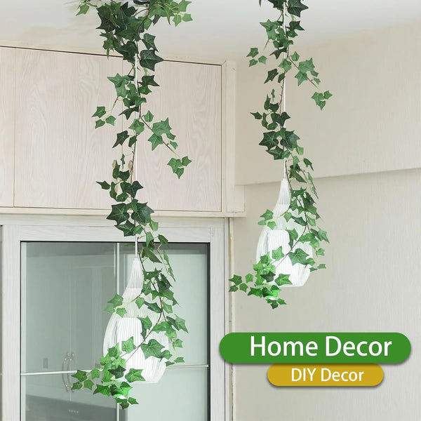 Artificial ivy garland hanging in front of a window for home decor