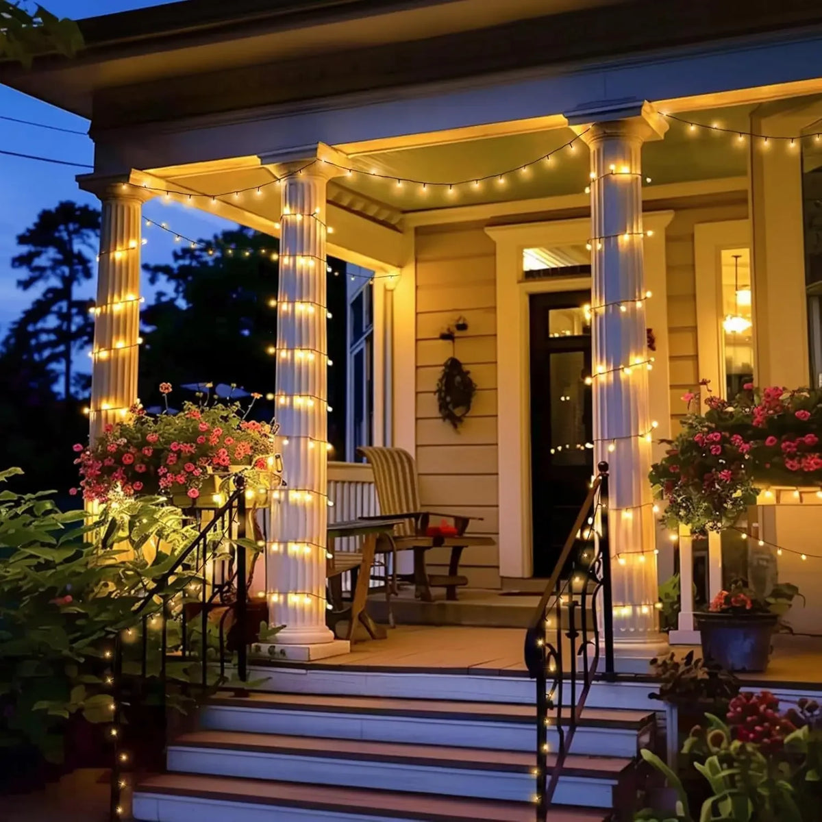 Exterior view of a house entrance decorated with warm LED string lights illuminating columns and steps.