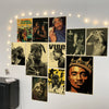 A collection of retro kraft paper posters featuring images and text related to Tupac Shakur.