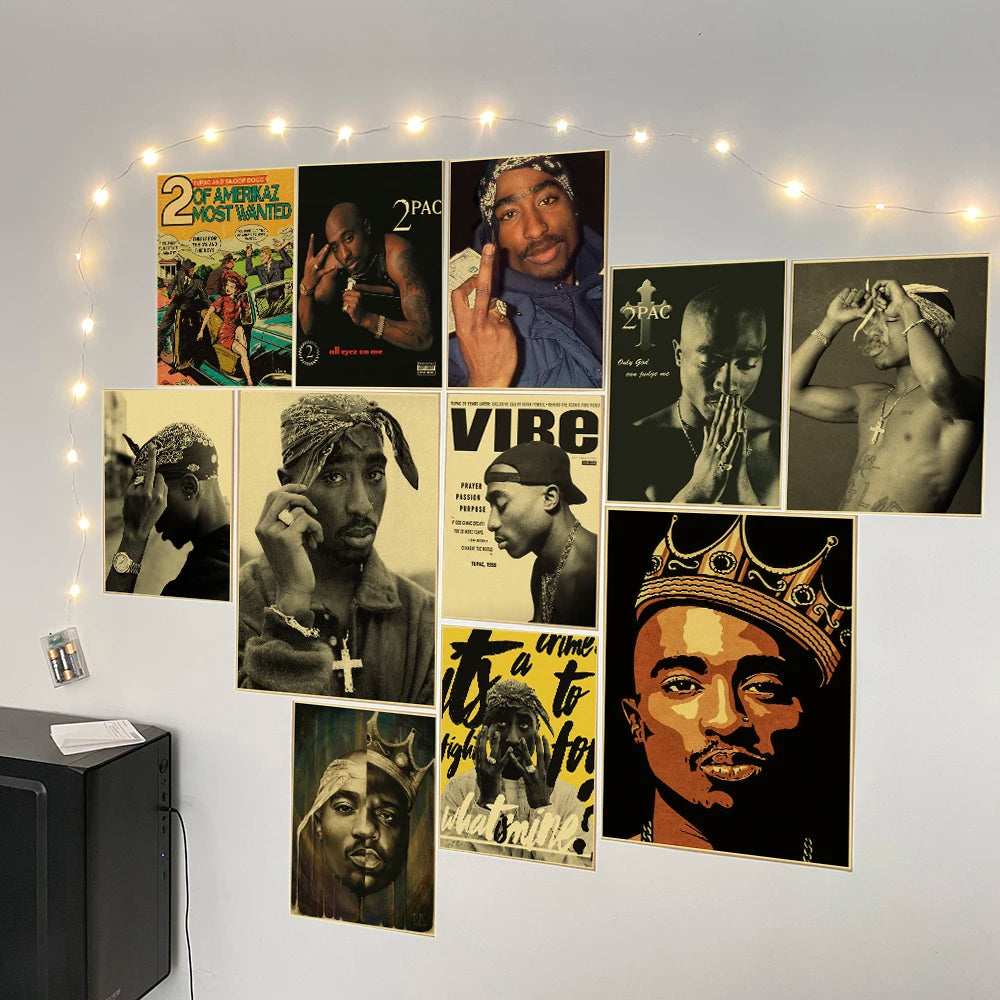 A collection of retro kraft paper posters featuring images and text related to Tupac Shakur.