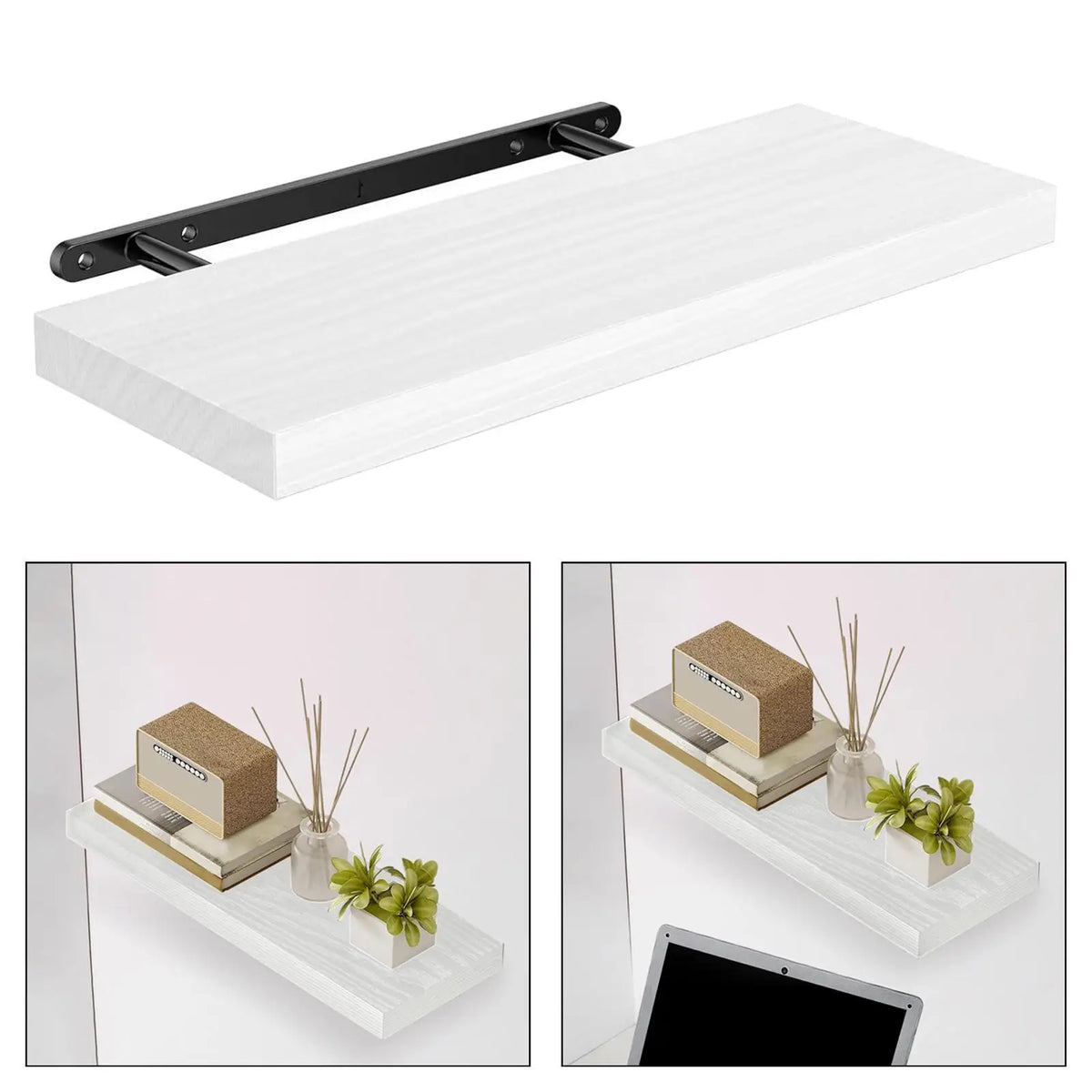 A white floating wall shelf with a black bracket, displaying small plants and decorative items.