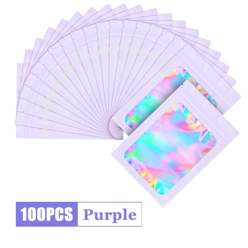 A fan of purple holographic ziplock bags for jewelry and small item storage