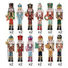 A collection of twelve wooden nutcracker soldiers in various outfits and colors for Christmas ornaments.