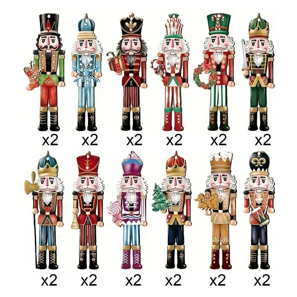 A collection of twelve wooden nutcracker soldiers in various outfits and colors for Christmas ornaments.