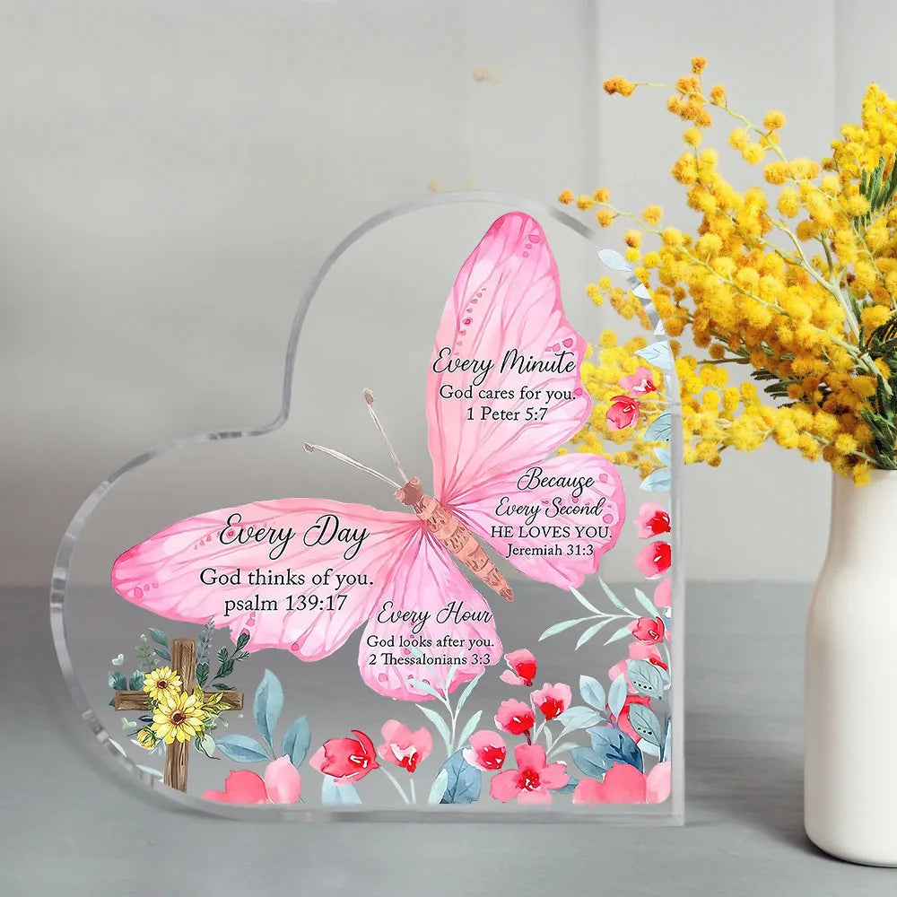 Heart-shaped acrylic decor featuring pink and green floral designs with inspirational Bible verses