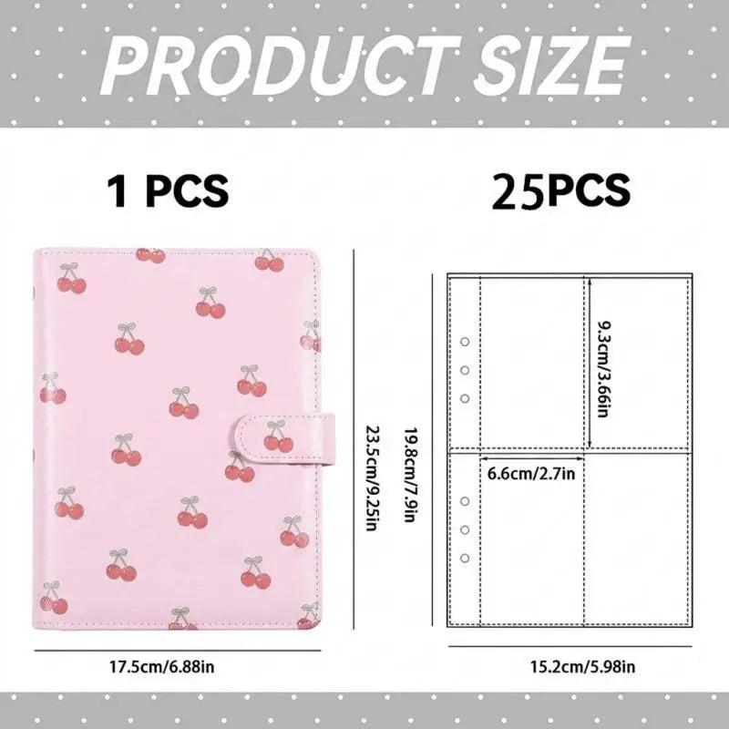 Pink reusable A5 photocard album binder shown in 1 piece and 25 pieces with size dimensions.