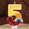 Rainbow sequined number candles shaped like the number five for birthday cakes