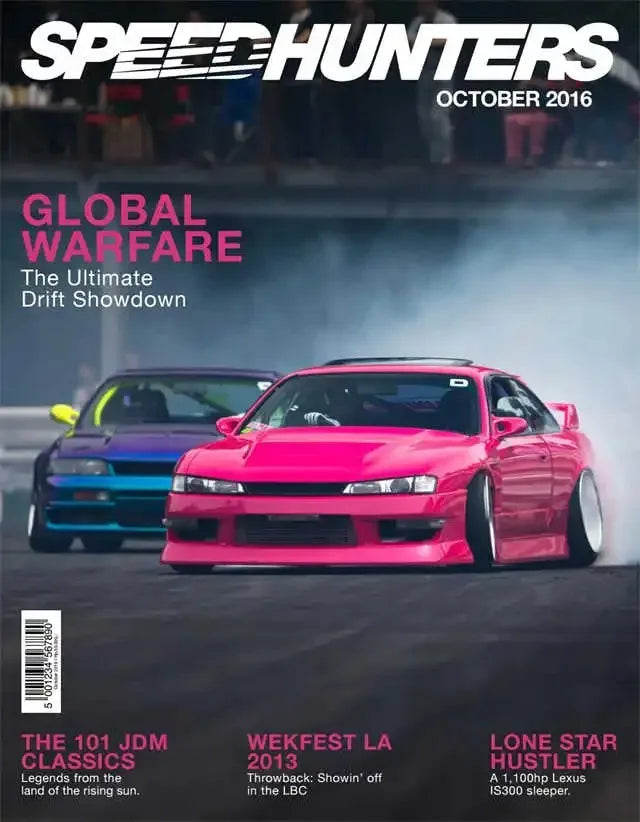 A pink Nissan Silvia drift car is featured on a dark background for a Speed Hunters Global Warfare poster.