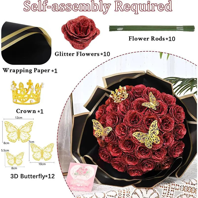 Self-assembly required kit for a red glitter rose bouquet featuring flower rods, glitter flowers, and 3D butterflies.
