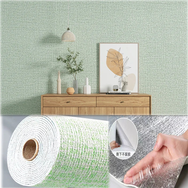 Rouleaux de stickers muraux autocollants waterproof 3D en vert et argent, présentés à côté d'une commode en bois.