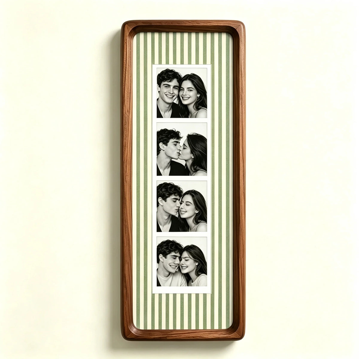 A vertical photo strip frame with a walnut wood border and a striped green and white background, displaying several portrait 
