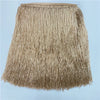 A beige decorative beaded tassel fringe trim for curtains and DIY projects.