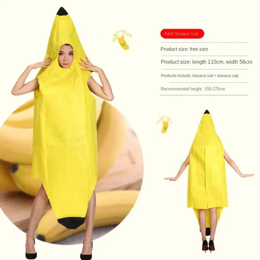 A young woman wearing a yellow banana suit costume, standing in a studio setting.
