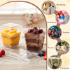 A collection of clear plastic dessert cups with lids and spoons displayed alongside various food items and party scenes.