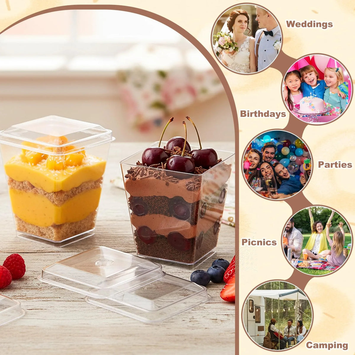 A collection of clear plastic dessert cups with lids and spoons displayed alongside various food items and party scenes.