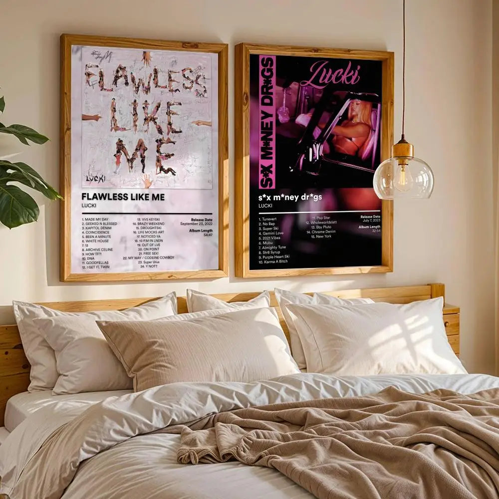 A framed poster featuring the album art and lyrics of Lucki's music album