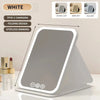 A white USB rechargeable vanity mirror with a folding design and stepless dimming feature shown in various light modes.