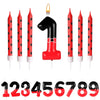 A set of cartoon number birthday candles in red and black mouse design, including the number one through nine.
