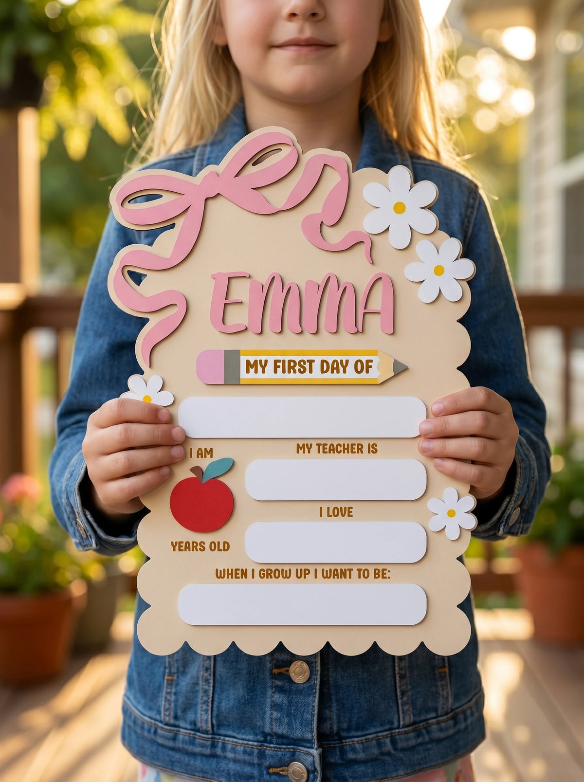 A young girl holds a personalized wooden sign for her first day of school featuring a daisy bow and various personal details.
