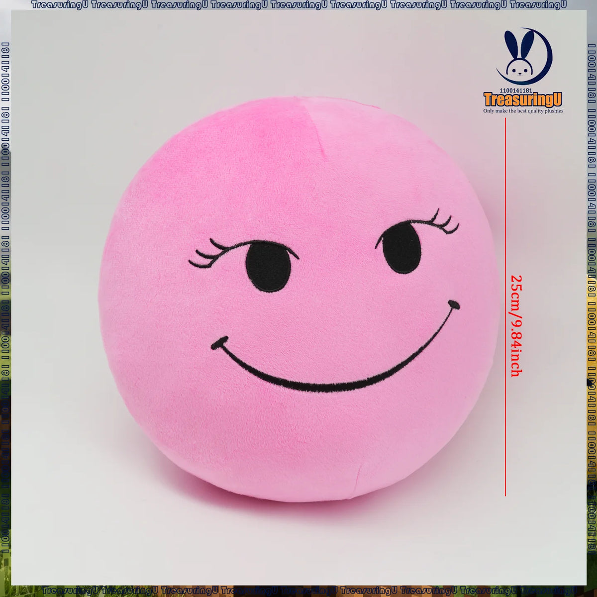 A pink, round plush doll with a smiling face and black eyes, used as a stress relief pillow.