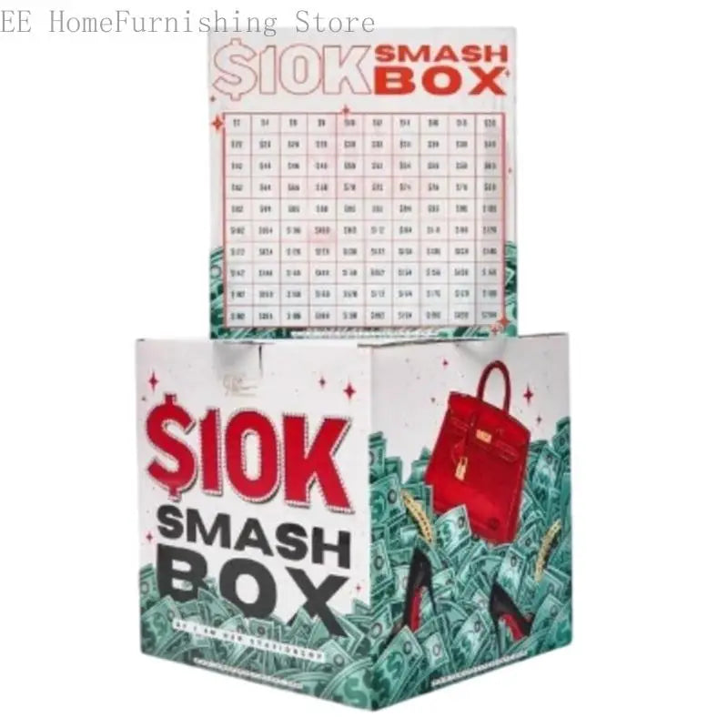 A red and green box labeled SMASH BOX with a grid of dollar amounts on the top and stacks of money visible on the bottom.