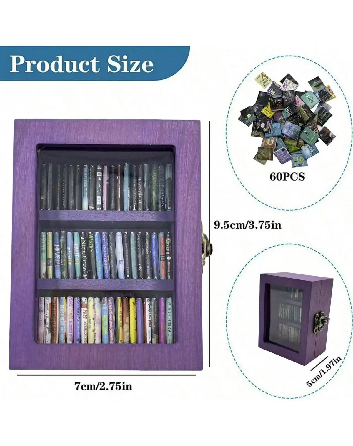 A purple wooden display box holding 60 pieces of books for anxiety relief.