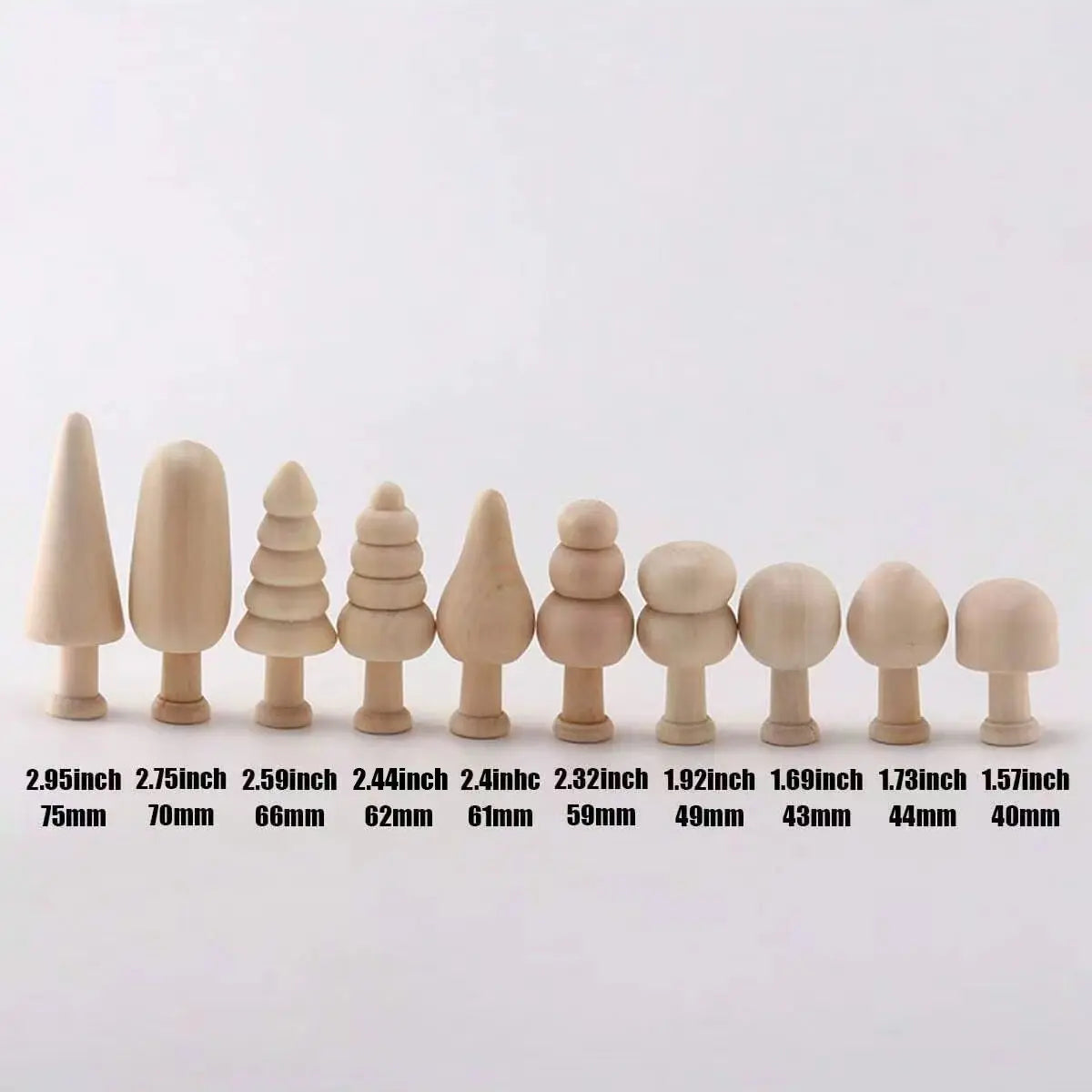 A set of wooden Christmas tree ornaments in various sizes and finishes arranged in a line.