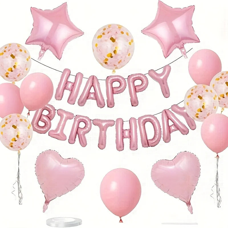 Pink marble birthday balloon decoration set featuring balloons and a banner