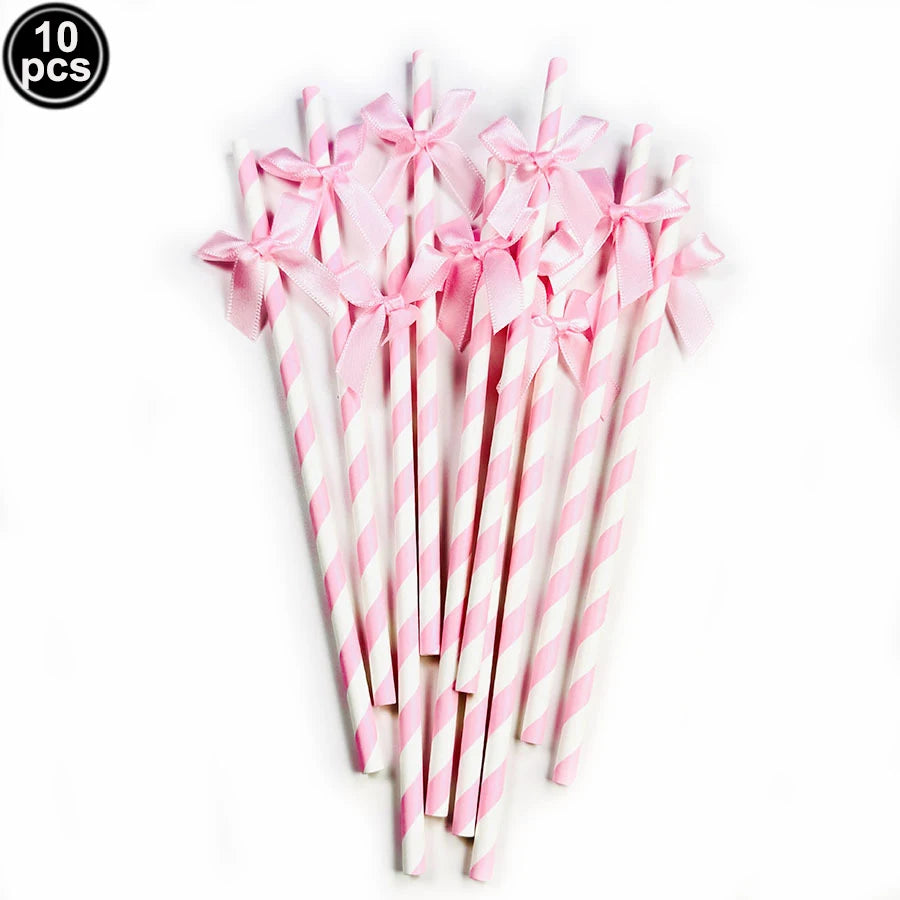 A bundle of 10 pink and white striped straws with pink bows for disposable party tableware.
