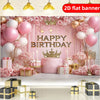 Elegant pink and gold happy birthday backdrop featuring balloons, roses, and a crown design