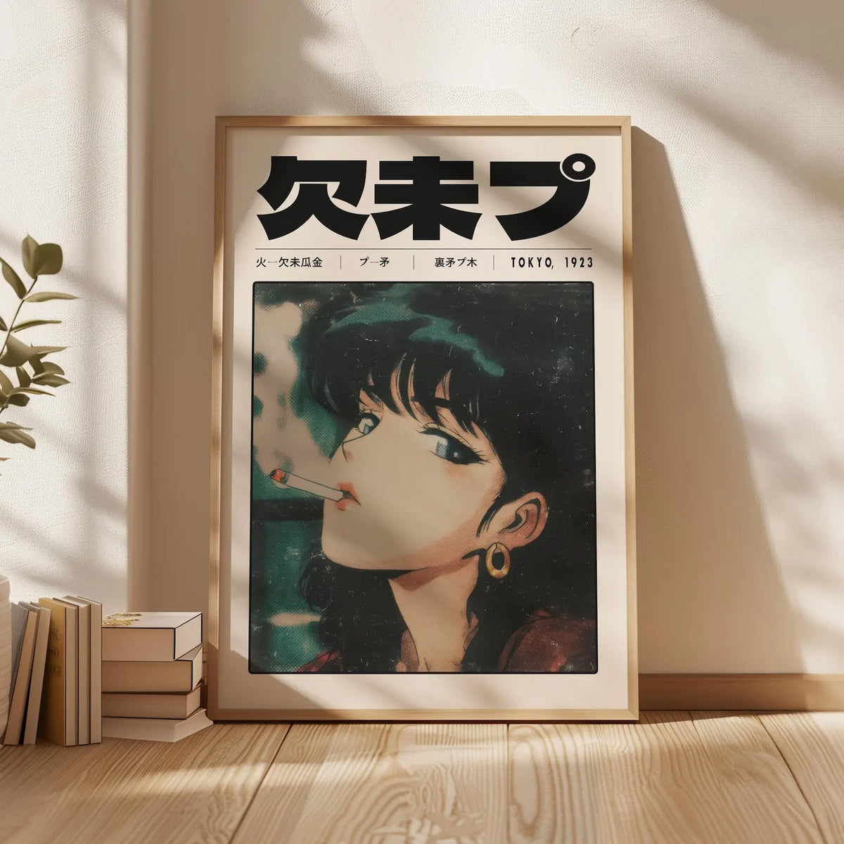 Framed canvas art featuring a vintage manga style illustration of a woman with Japanese text and the year 1923