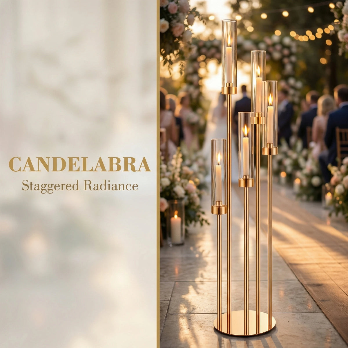 A tall gold candelabra with five slender glass candles providing elegant lighting for an outdoor event.