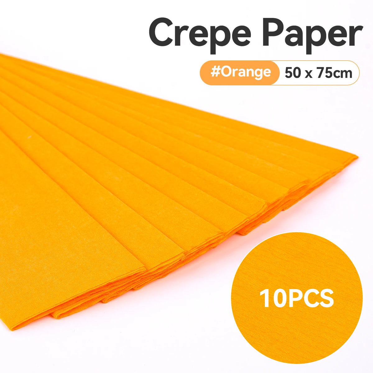A stack of orange crepe paper sheets, measuring 50 x 75cm, is shown in a close-up view.