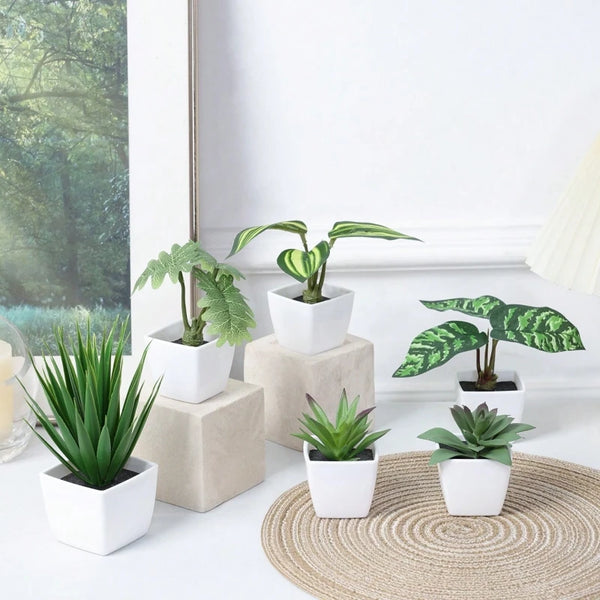 A collection of six small artificial green plant bonsai in white pots arranged on a light surface.
