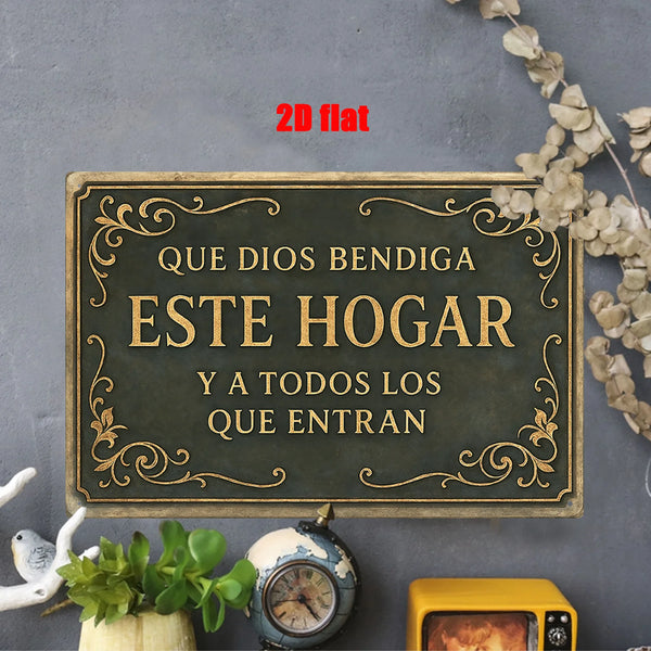 Señal de arte de pared rectangular de metal con caligrafía dorada que dice 'Que Dios bendiga este hogar y a todos los que ent