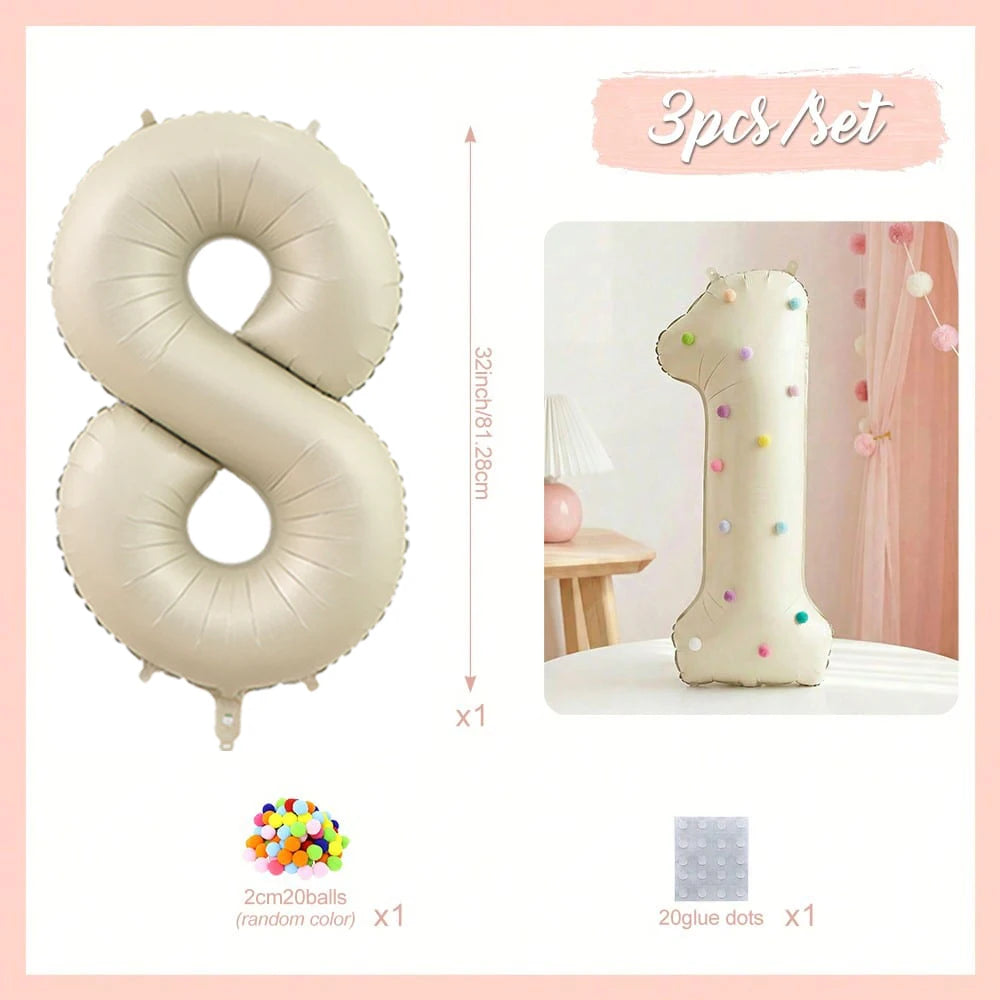 A set of three 32 inch Milky White aluminum foil number balloons, including a large number balloon and twenty glue dots.