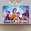 A vibrant illustration of five female characters in fantasy attire celebrating a happy birthday with sparkling effects.