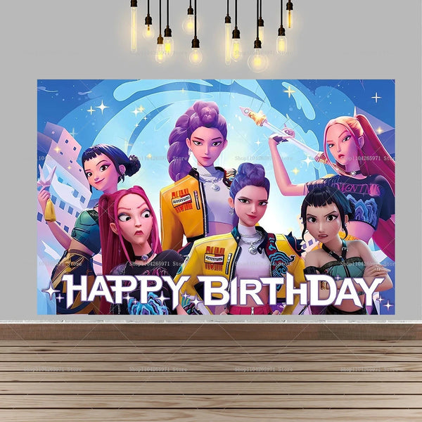 A vibrant illustration of five female characters in fantasy attire celebrating a happy birthday with sparkling effects.