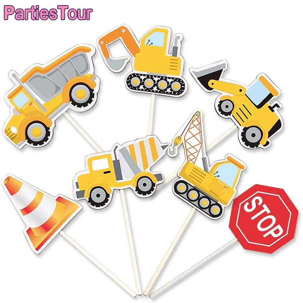A set of yellow construction vehicle themed party tableware including dump trucks and excavators.