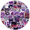 A circular arrangement of various anime and cartoon character decals stickers featuring dark, purple, and pink tones.