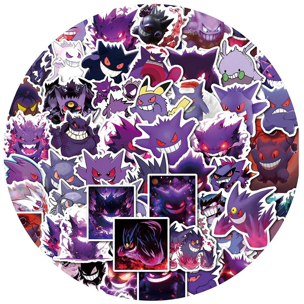 A circular arrangement of various anime and cartoon character decals stickers featuring dark, purple, and pink tones.