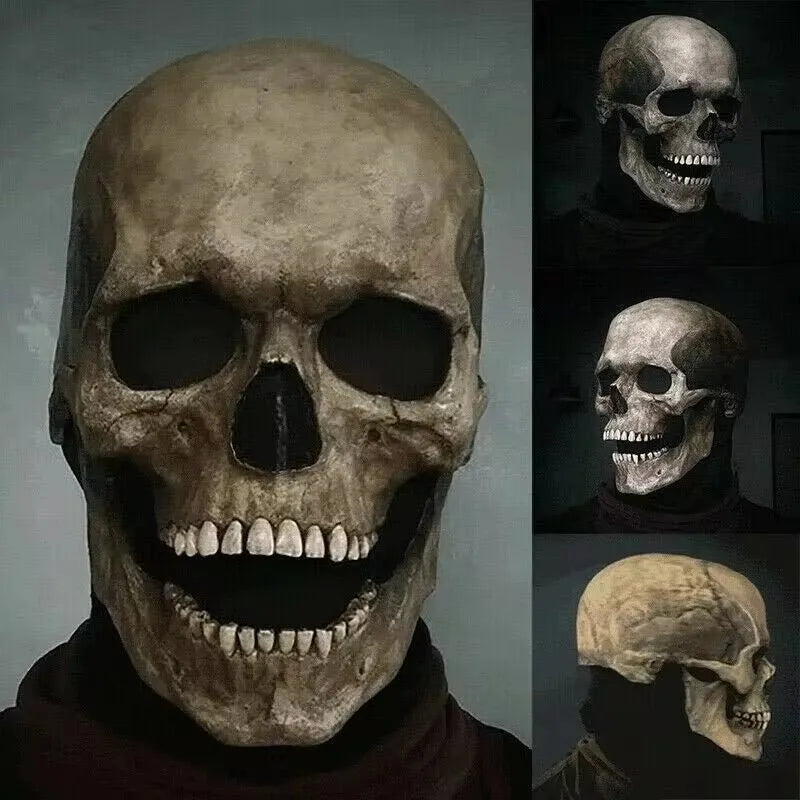 A realistic full-head skull mask shown in two views, highlighting the facial structure and teeth.