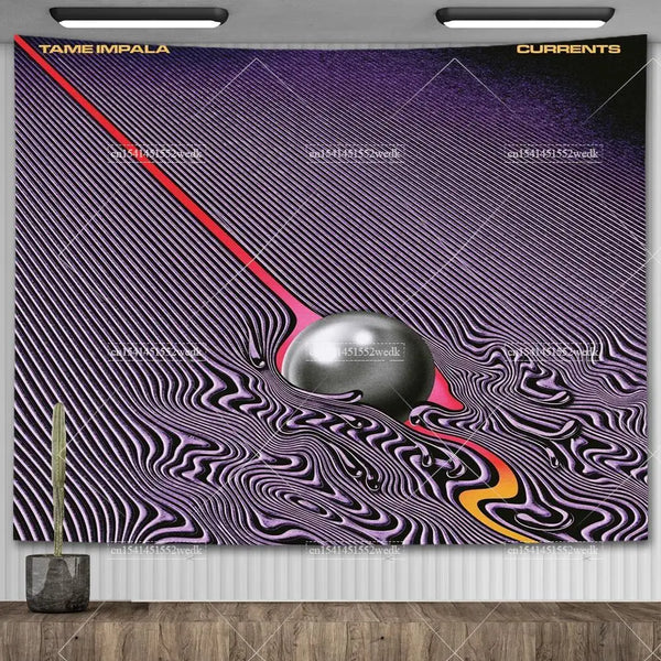 A purple and black abstract tapestry featuring swirling lines and a spherical shape, titled Tame Impala Currents.