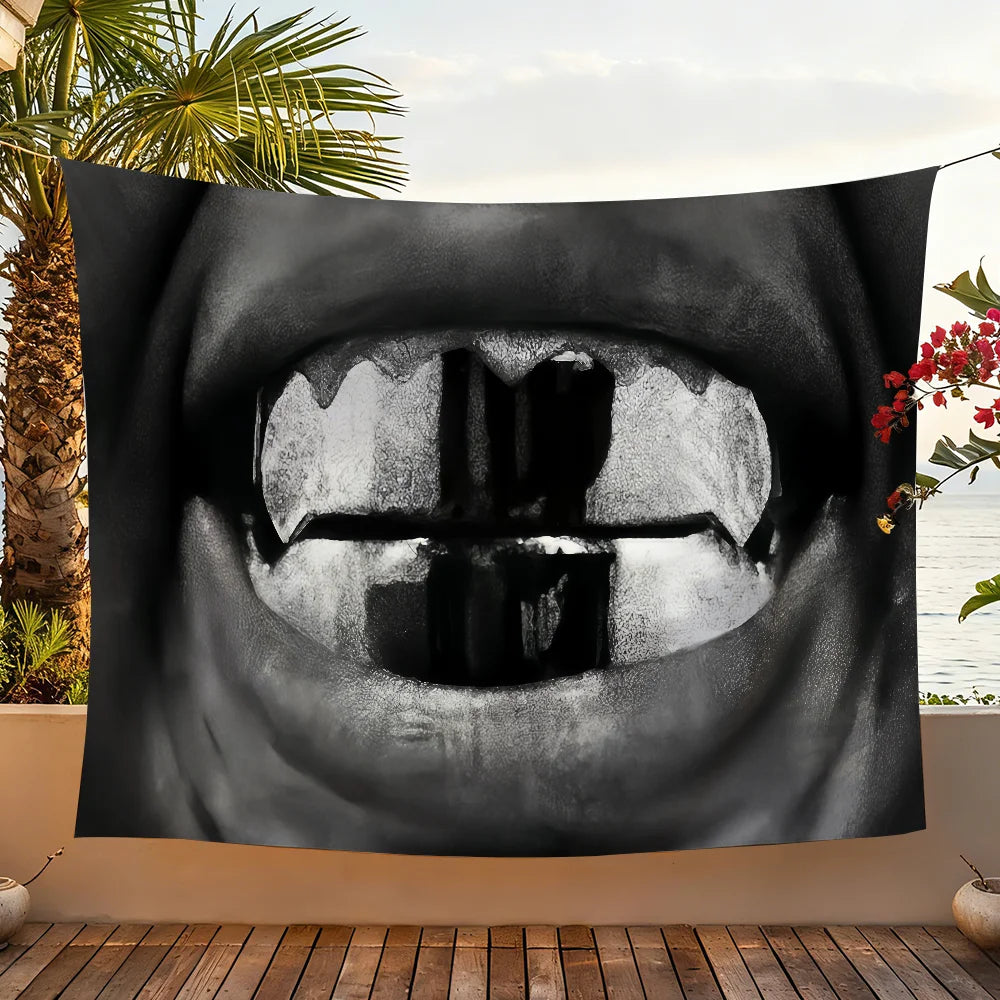 A close-up black and white photograph of a mouth with a cross shape formed by the teeth.