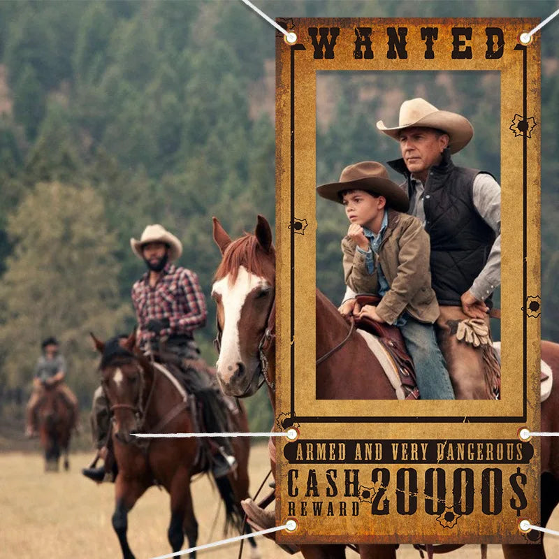 A vintage-style photo booth backdrop featuring a cowboy on horseback, framed in gold and distressed texture.