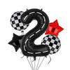 A set of black and white checkered race car number balloons shaped like the number 2 and a star for birthday party decoration