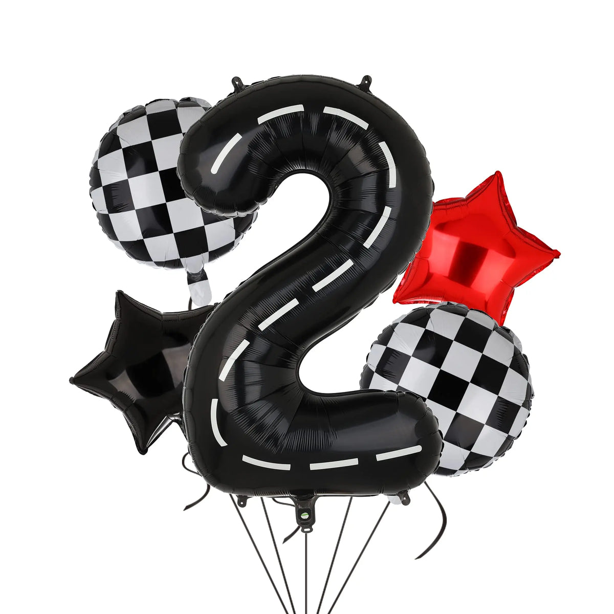 A set of black and white checkered race car number balloons shaped like the number 2 and a star for birthday party decoration
