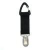 Black strap clip with a silver straw hat attachment for outdoor travel
