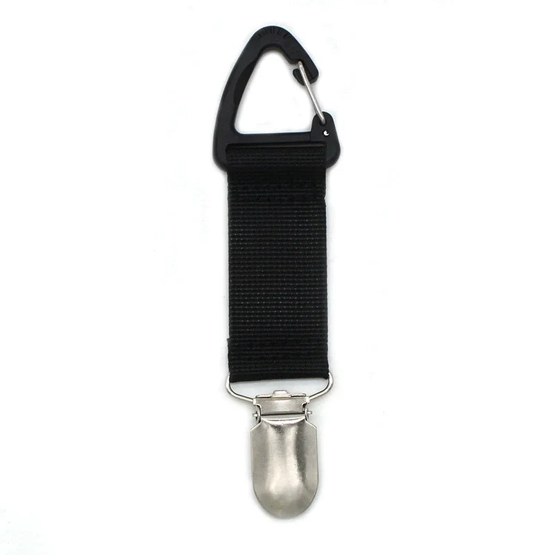 Black strap clip with a silver straw hat attachment for outdoor travel