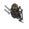 A black and yellow horror movie icon minifigure accessory with a helmet and sword, part of a building blocks set.